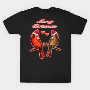 Red Cardinal bird in love merry Christmas T-Shirt